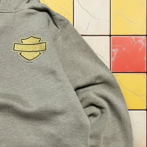 Vintage Y2K Harley Davidson Hoodie XS Women Biker Grunge‎ Green Pullover Sweater - Picture 10 of 15